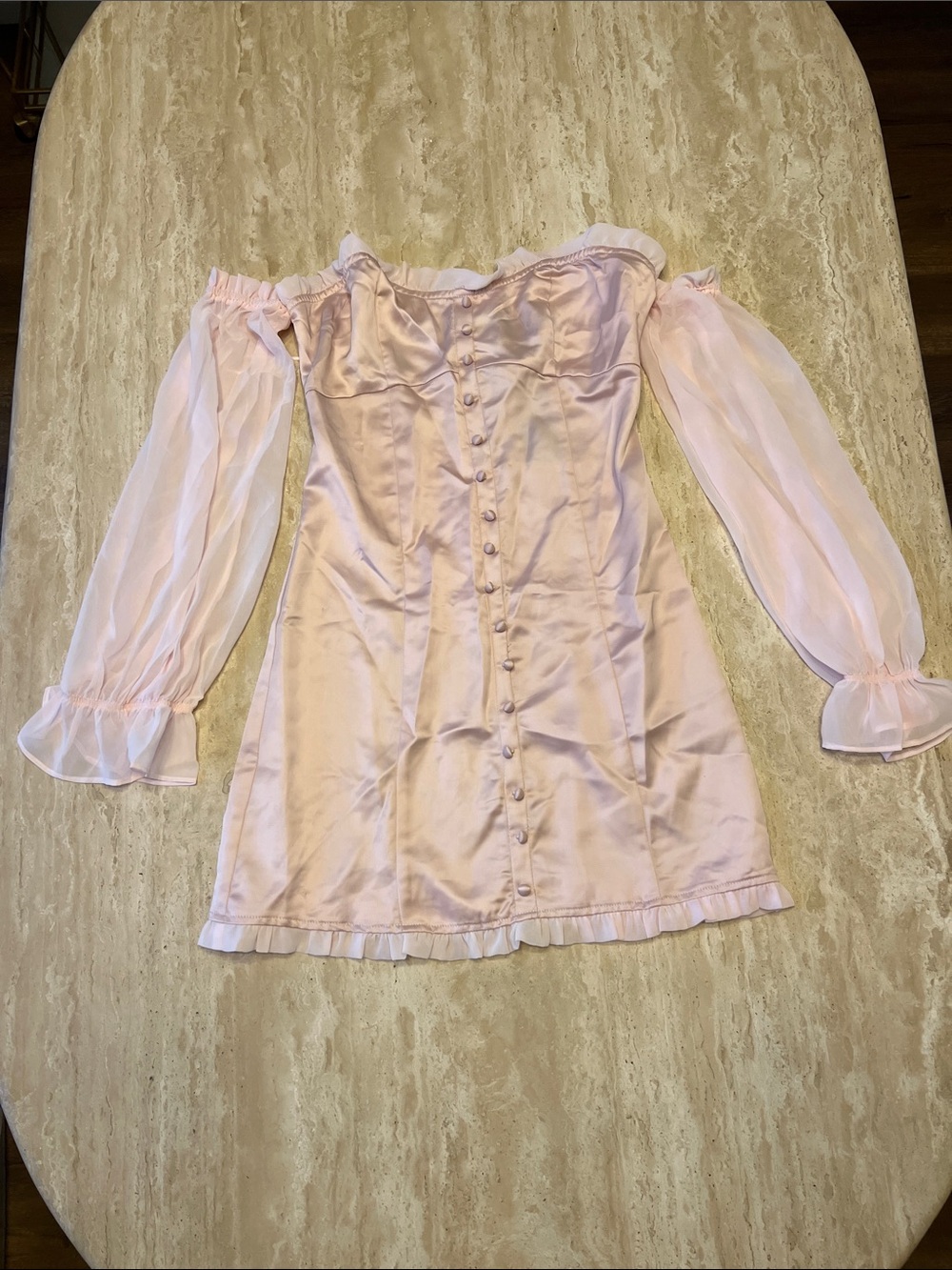 Lioness Pale Pink Off-Shoulder Satin Dress with Sheer Long Sleeves